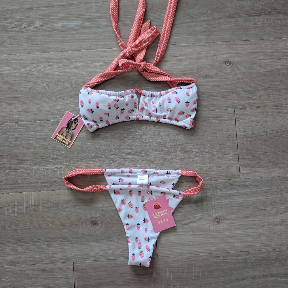 Strawberry Milk Mob White & Pink Heart Print Bikini - Picture 2 of 9